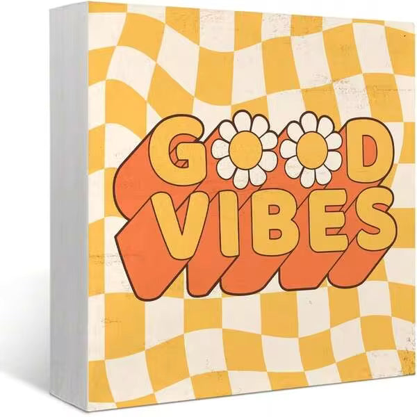 1pc 5*5inch(12.4*12.4cm) Groovy Good Vibes Wood Box Sign Desk Decor Retro 70s Daisy Flower Checkered Wooden Box Block Sign Decorations For Home Bedroom Living Room Office Wall Tabletop Desk Decor