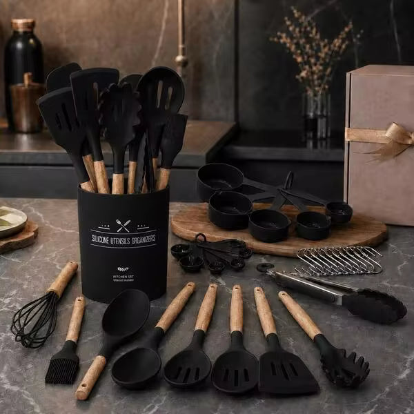 [33pcs Silicone Kitchen Utensil Set With Holder] Heat Resistant Non-Stick Cooking Tools, Kitchen Additions Set, Includes Whisk Tong Spatula, Dishwasher Cookware For Baking Frying Cooking, Ideal For Home Kitchen And Cooking Lovers